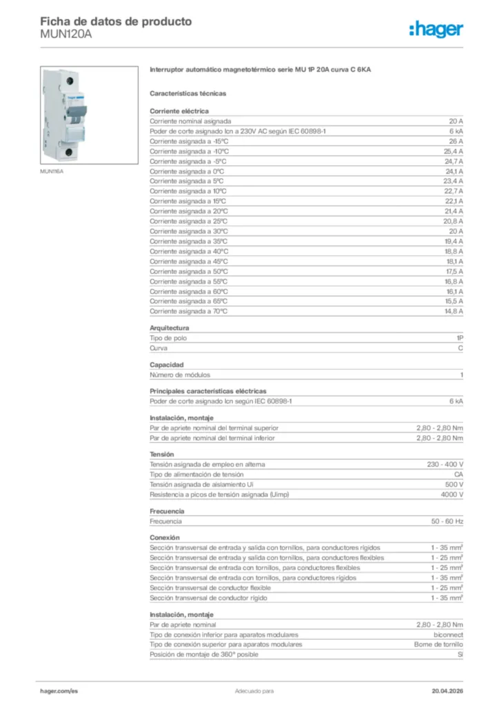 Imagen Hager Ficha de datos de producto MUN120A | Hager España