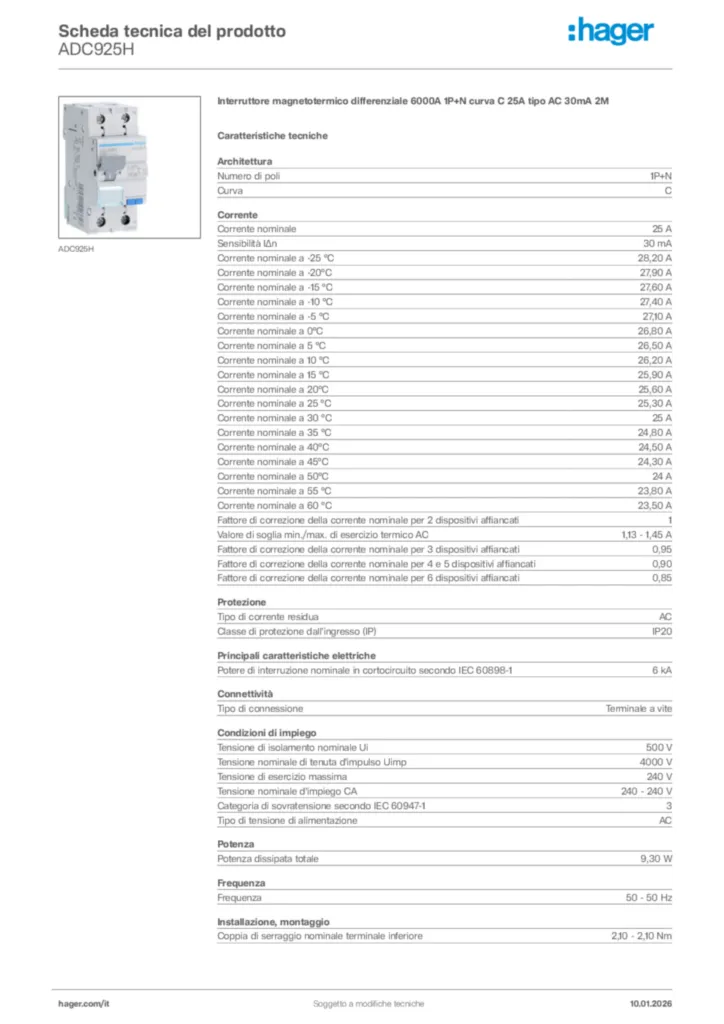 Immagine Hager Scheda tecnica del prodotto ADC925H | Hager Italia