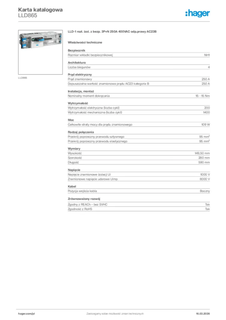 Zdjęcie Hager Karta katalogowa LLD865 | Hager Polska