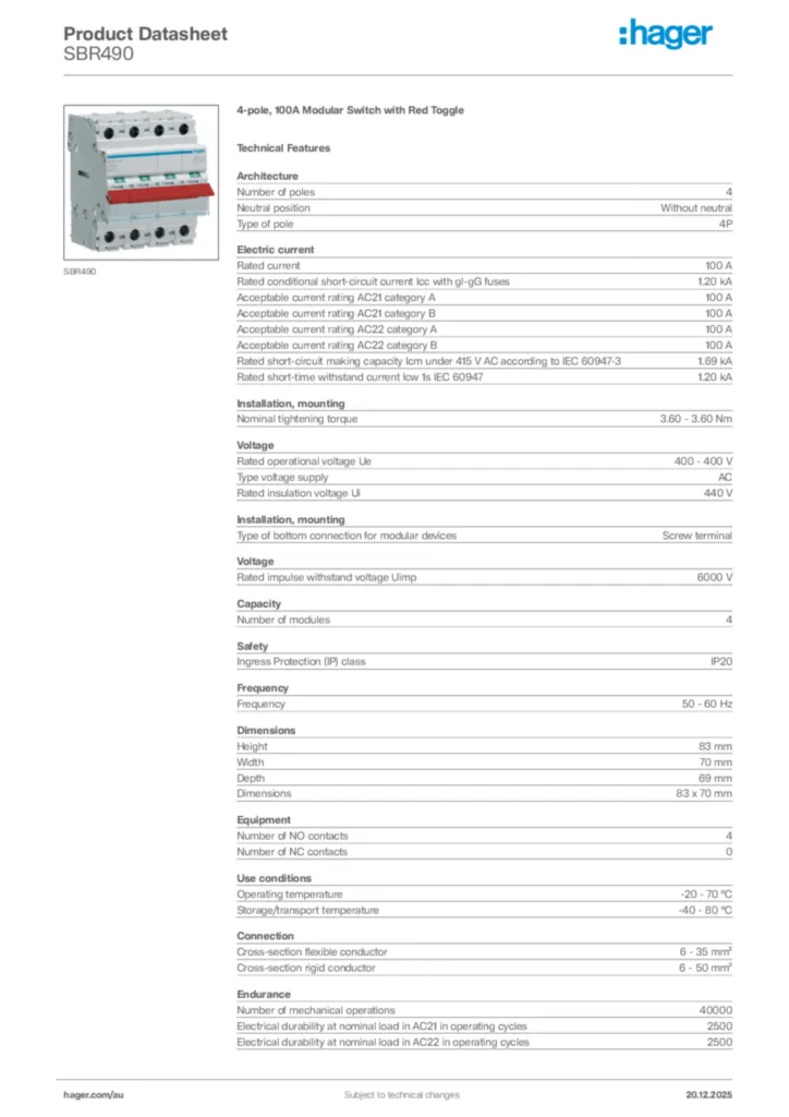 Image Hager Product data sheet SBR490  | Hager Australia