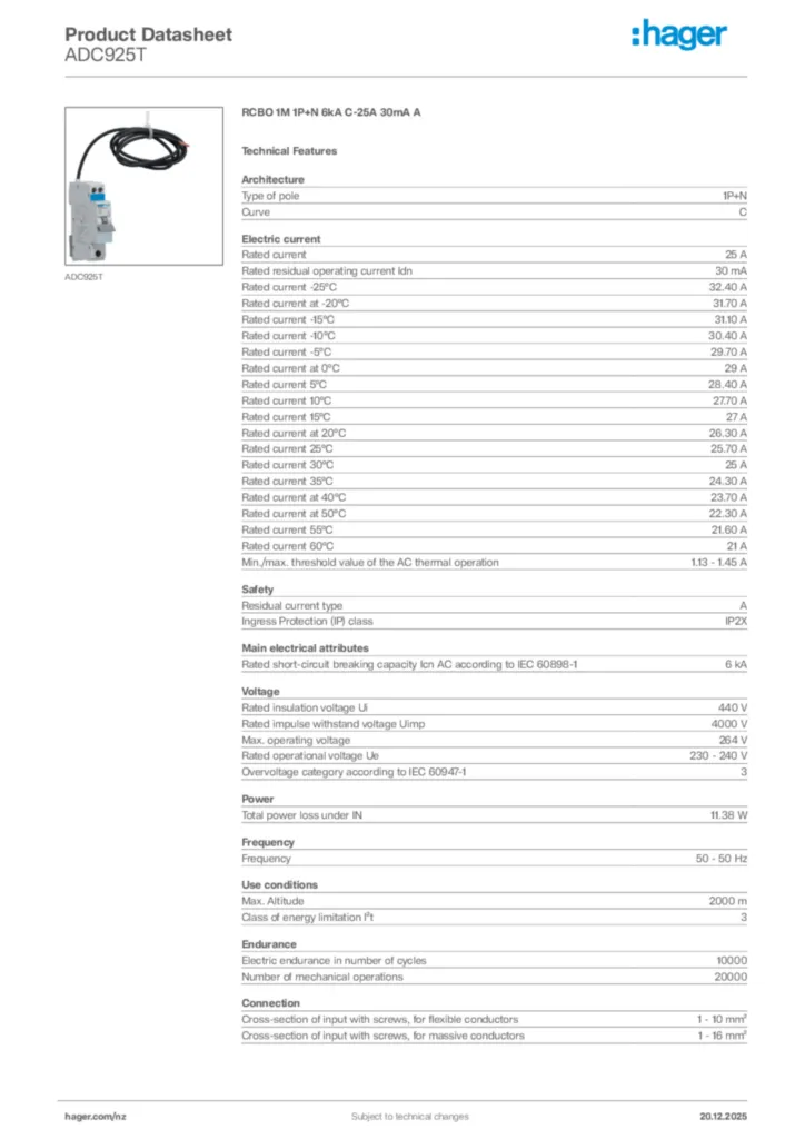 Image Hager Product data sheet ADC925T  | Hager New Zealand