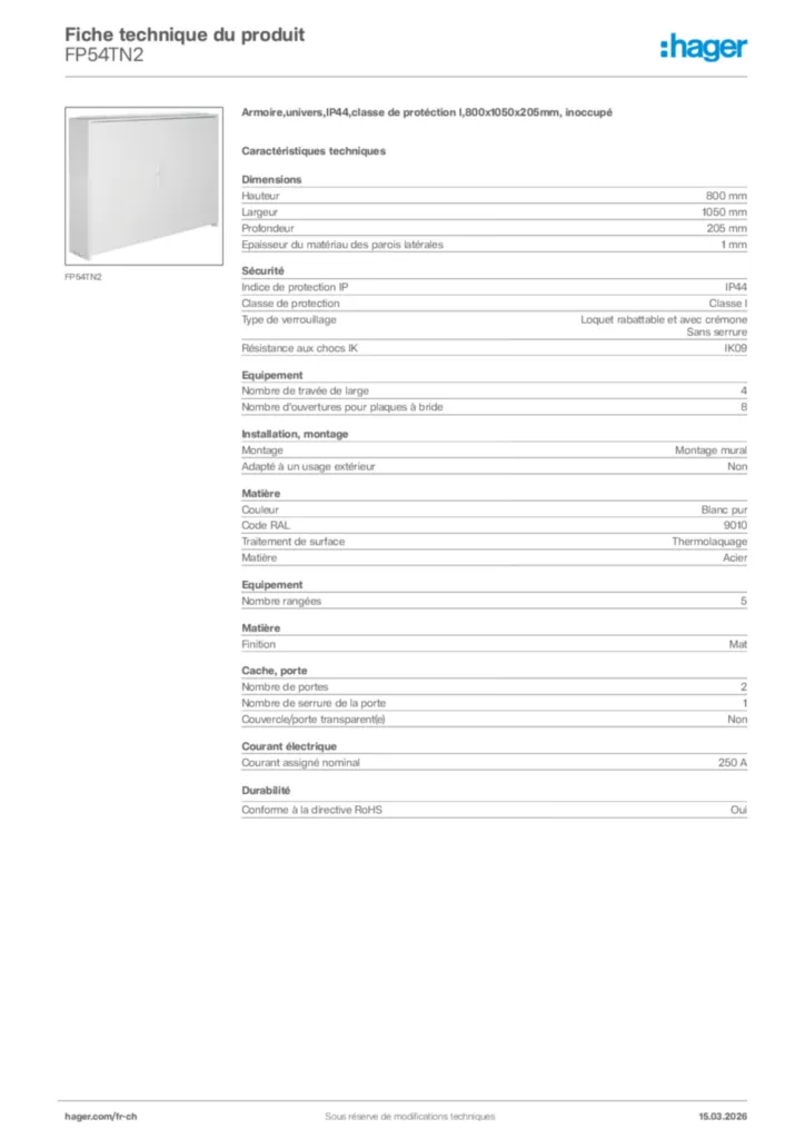 Image Hager Fiche technique du produit FP54TN2 | Hager Suisse