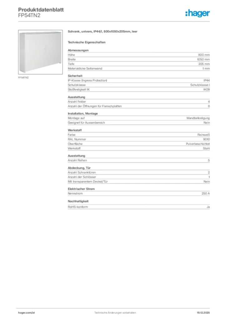 Bild Hager Produktdatenblatt FP54TN2 | Hager Deutschland