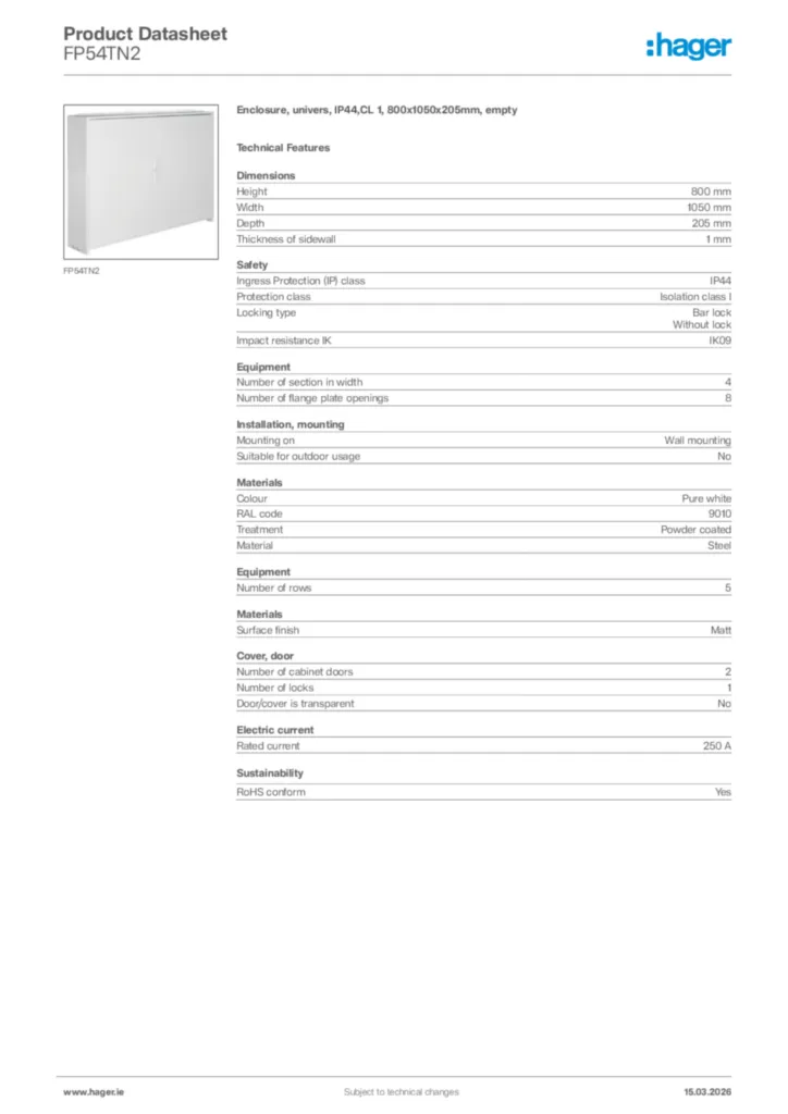 Image Hager Product data sheet FP54TN2  | Hager