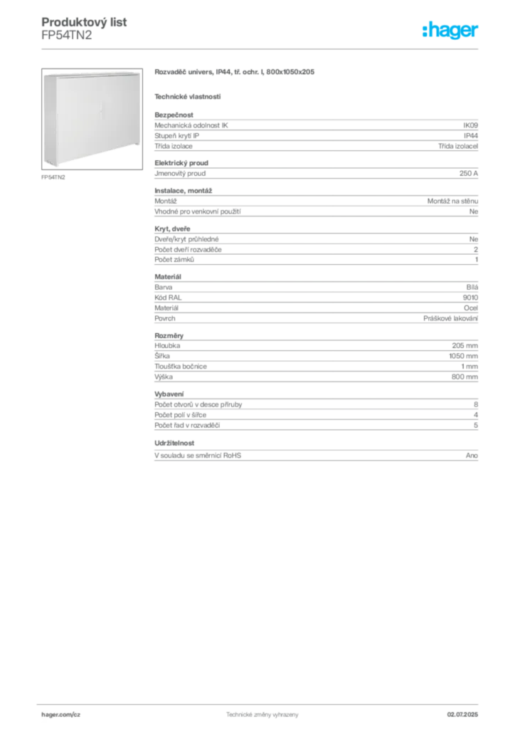 Obrázek Hager Produktový list FP54TN2 | Hager