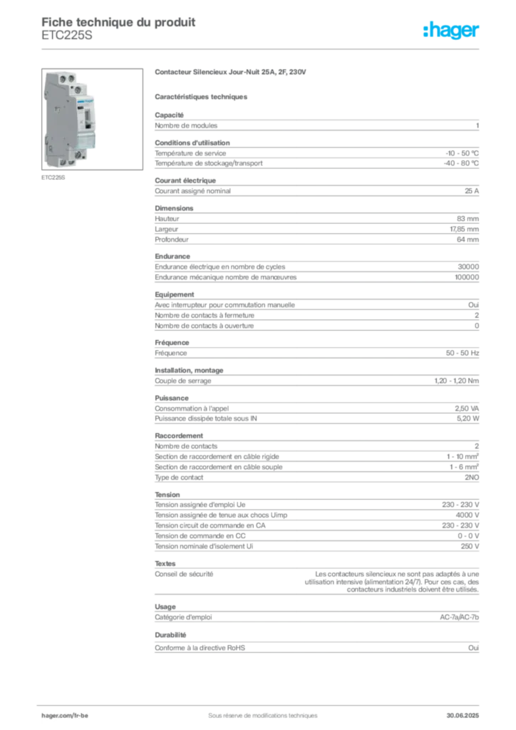 Image Hager Fiche technique du produit ETC225S | Hager Belgique