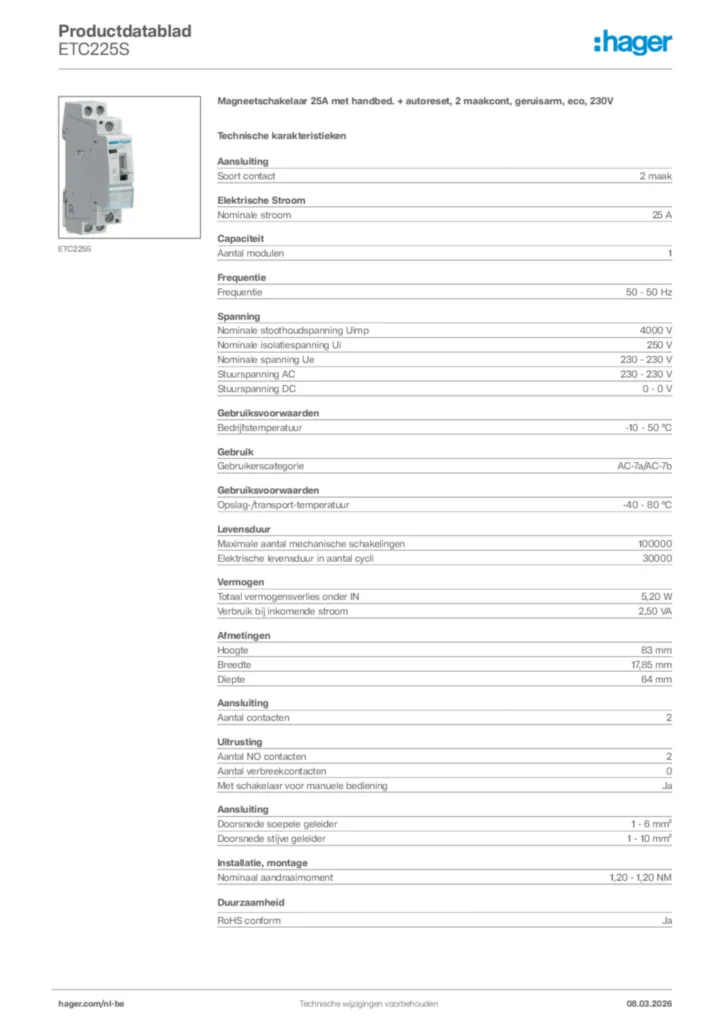 Afbeelding Hager Productdatablad ETC225S | Hager Belgium