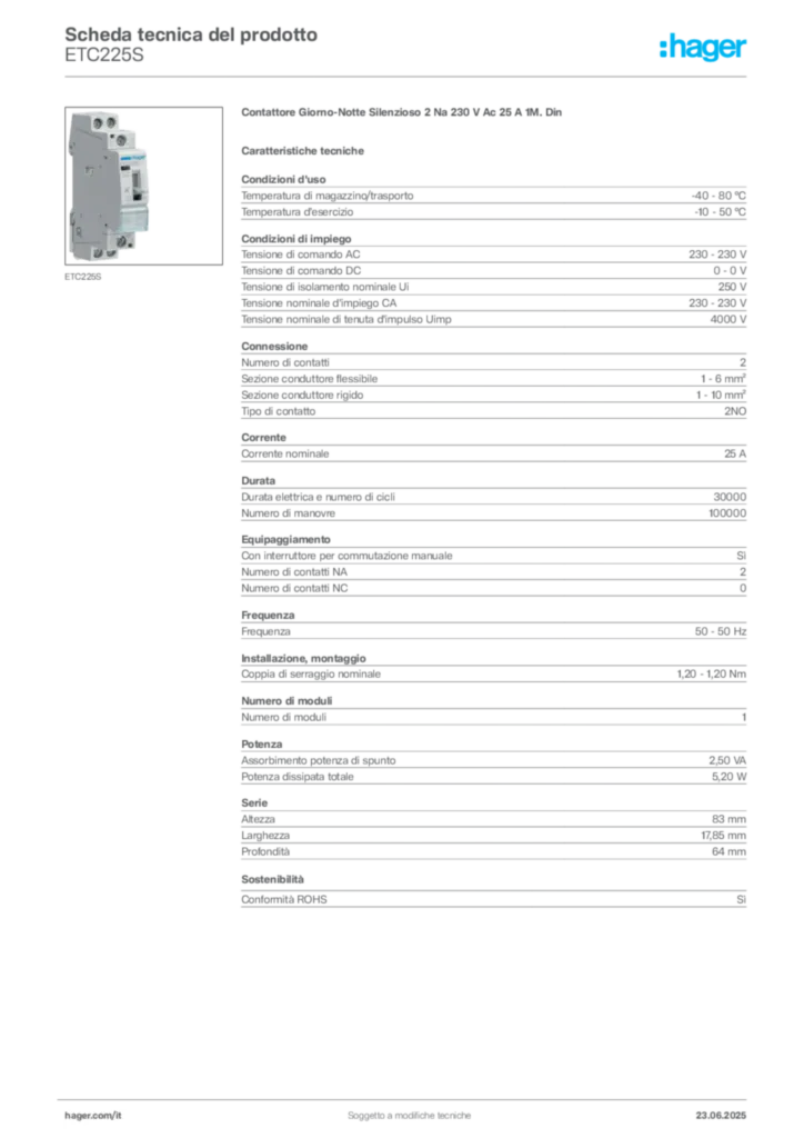 Immagine Hager Scheda tecnica del prodotto ETC225S | Hager Italia