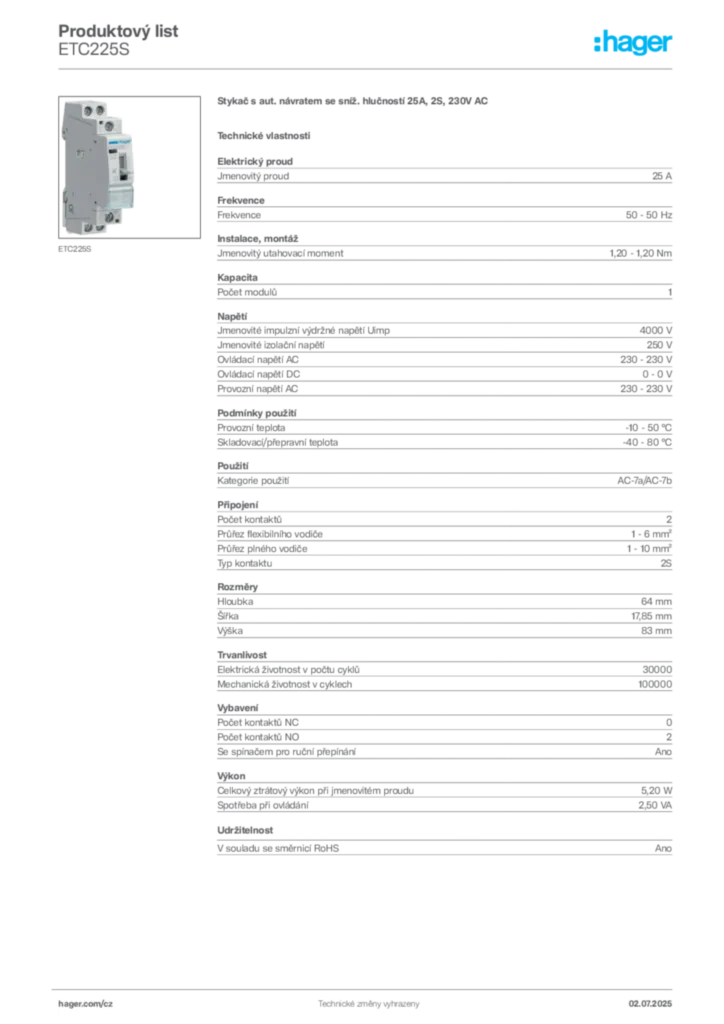 Obrázek Hager Produktový list ETC225S | Hager