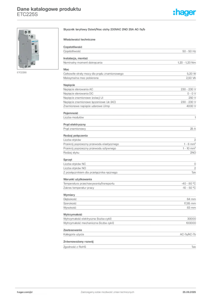 Zdjęcie Hager Karta katalogowa ETC225S | Hager Polska