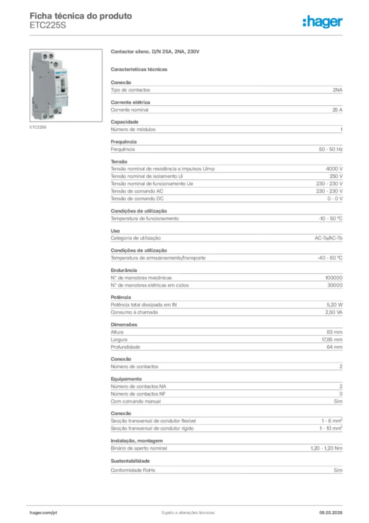 Imagem Hager Ficha técnica do produto ETC225S | Hager Portugal