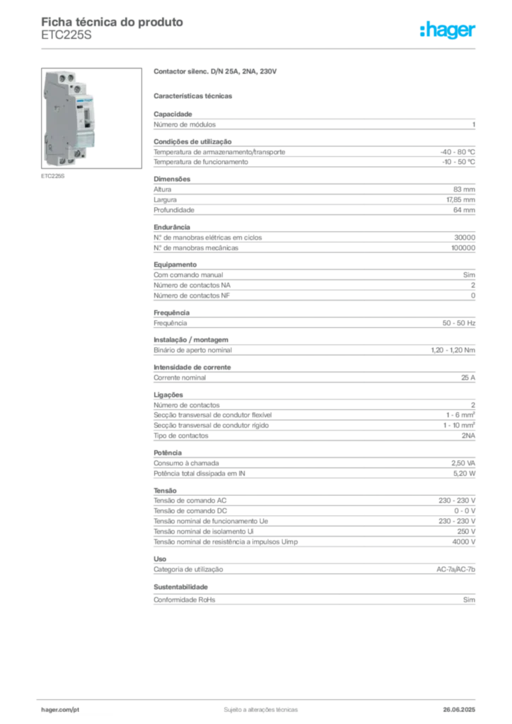 Imagem Hager Ficha técnica do produto ETC225S | Hager Portugal