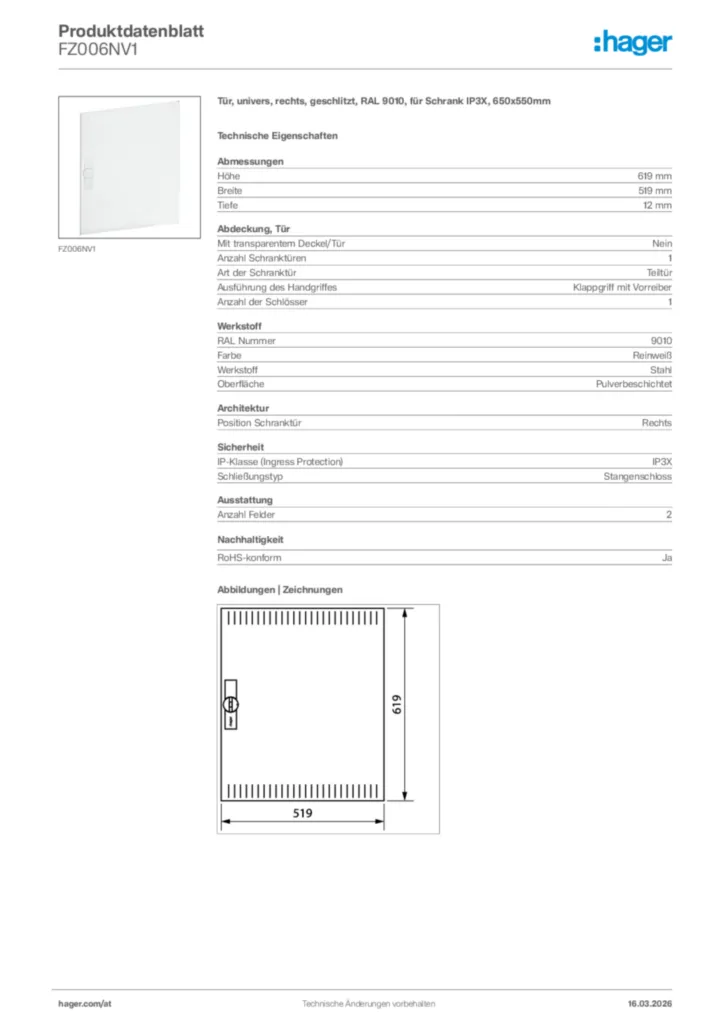 Bild Hager Produktdatenblatt FZ006NV1 | Hager Deutschland