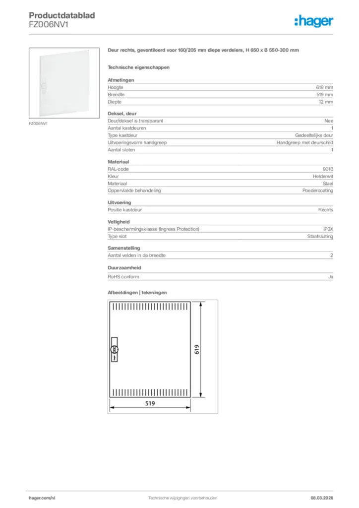 Afbeelding Hager Productdatablad FZ006NV1 | Hager Nederland