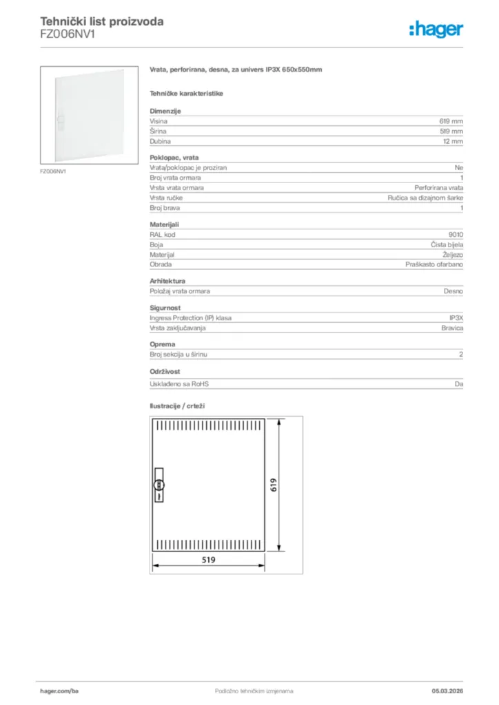Slika Hager Tehnički list proizvoda FZ006NV1  | Hager