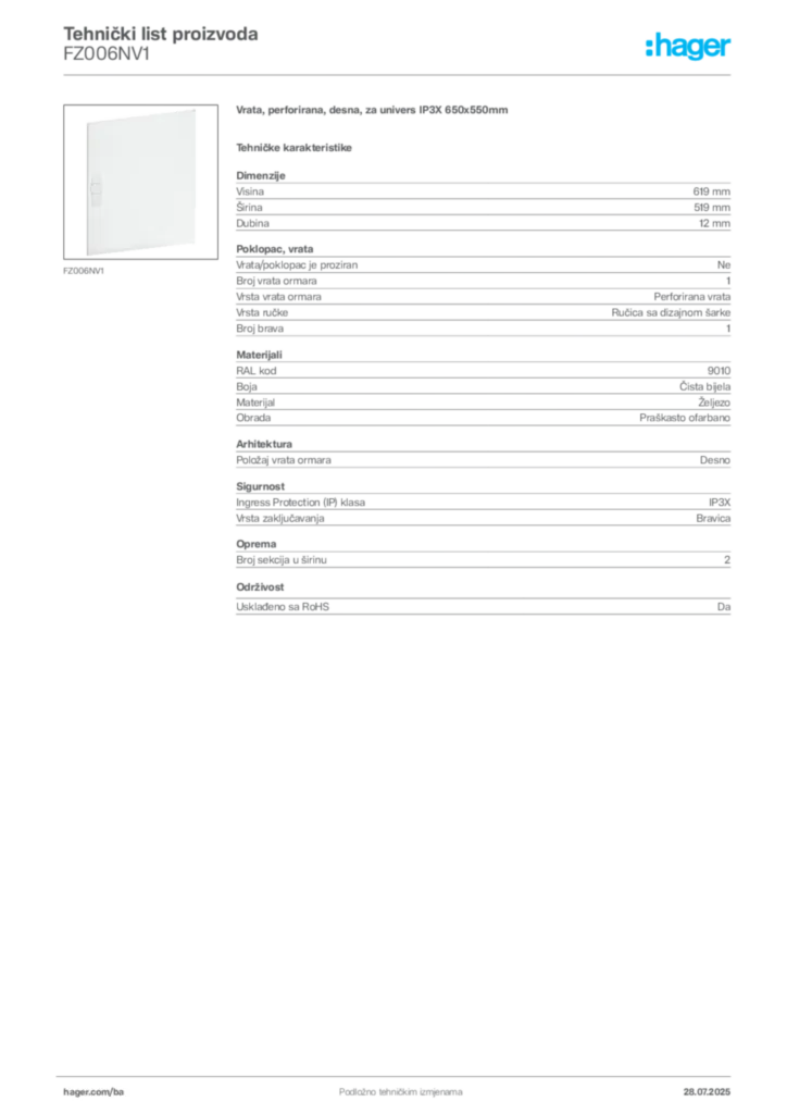 Slika Hager Product data sheet FZ006NV1  | Hager