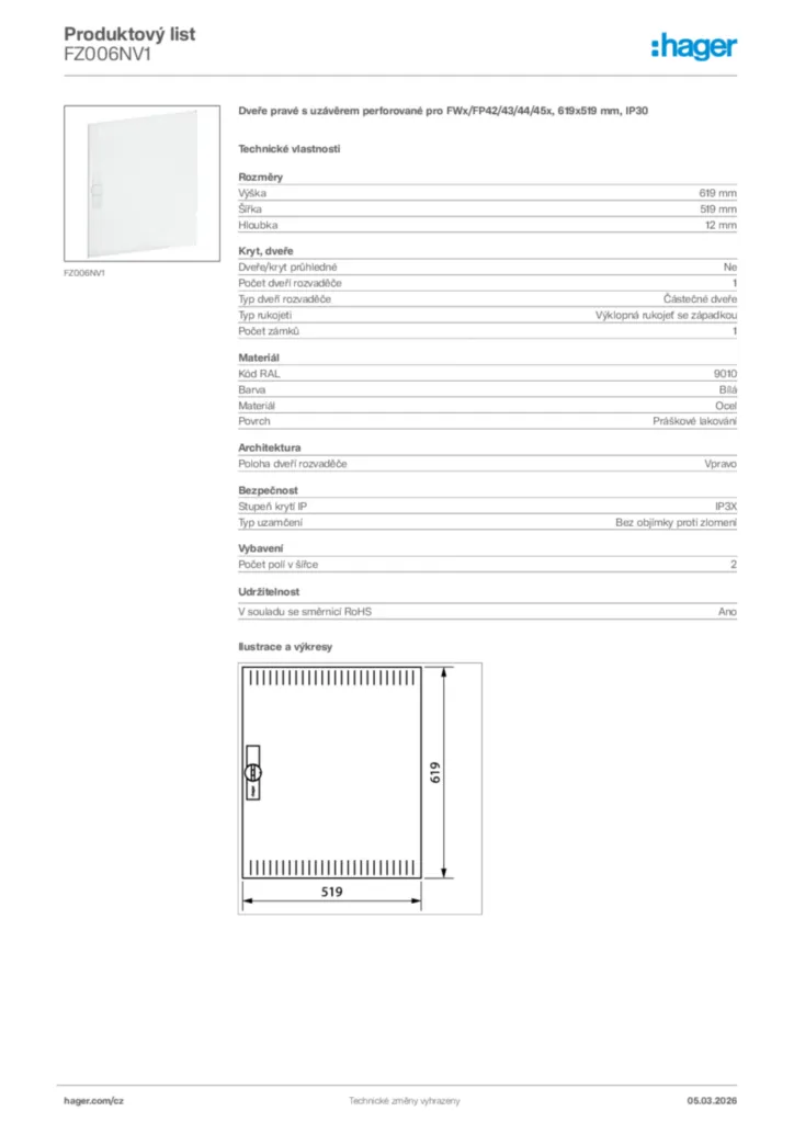 Obrázek Hager Product data sheet FZ006NV1 | Hager