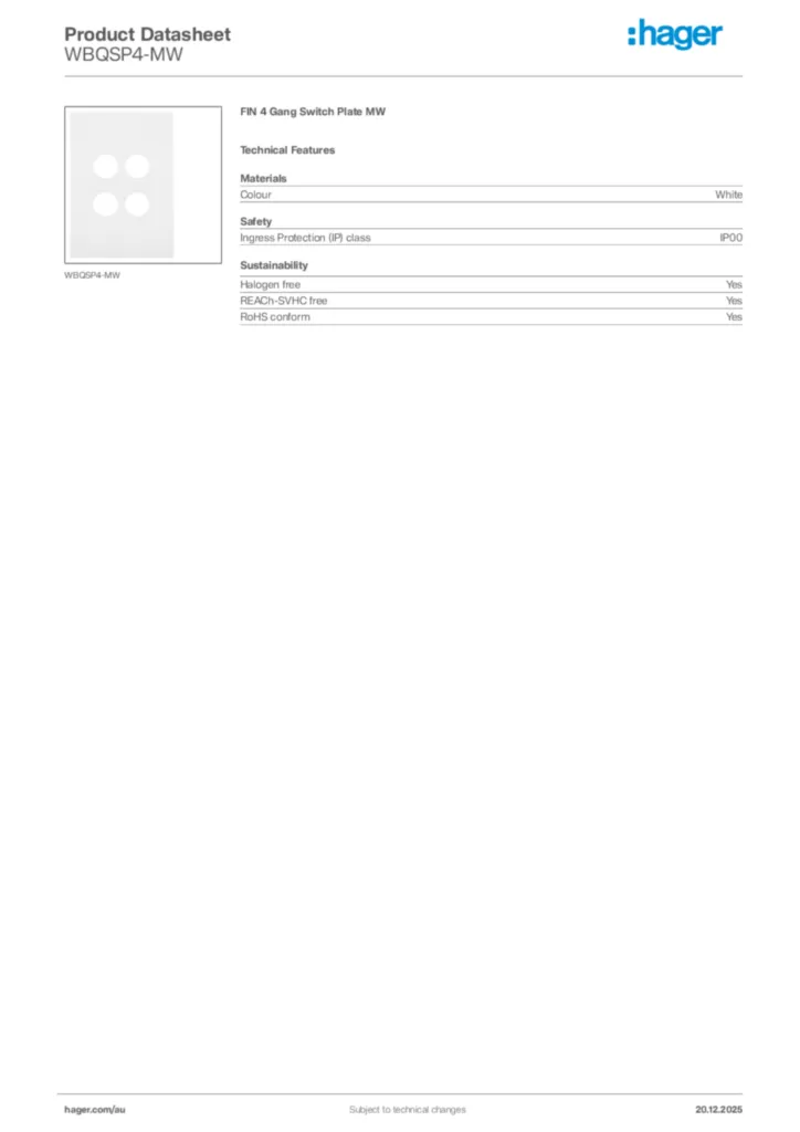 Image Hager Product data sheet WBQSP4-MW  | Hager Australia