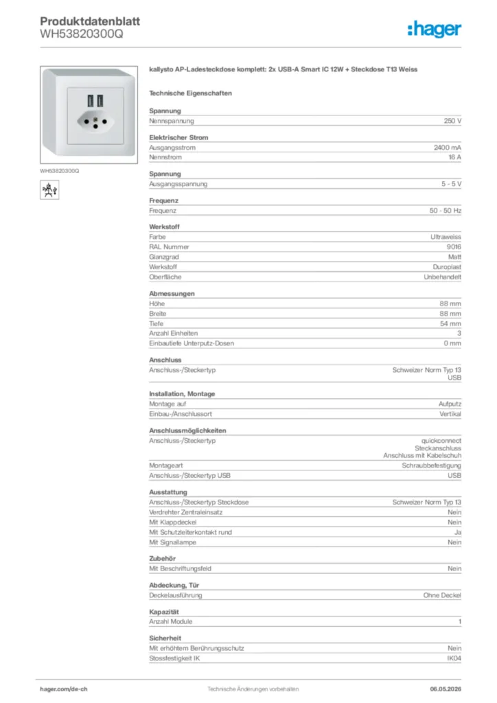 Bild Hager Produktdatenblatt WH53820300Q | Hager Schweiz