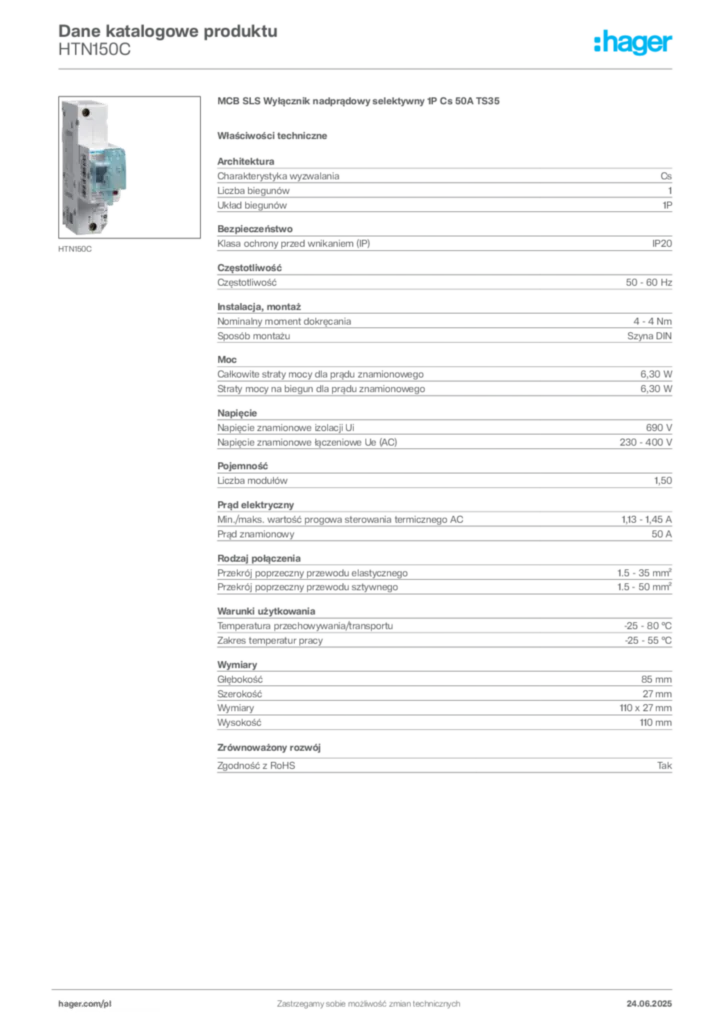 Zdjęcie Hager Karta katalogowa HTN150C | Hager Polska