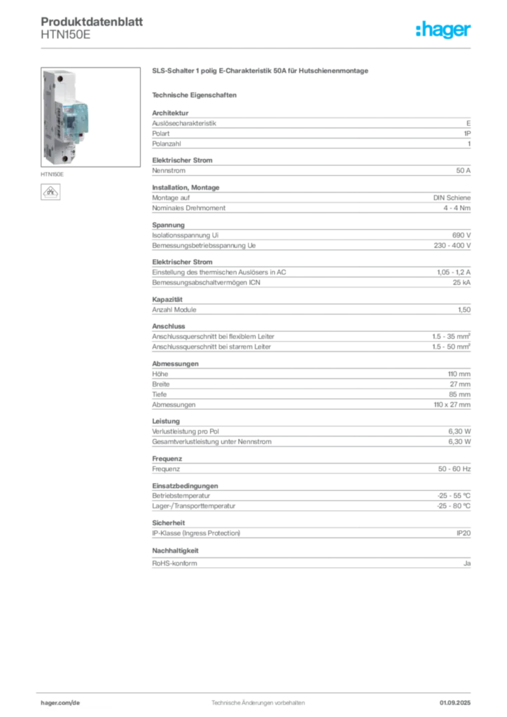 Bild Hager Produktdatenblatt HTN150E | Hager Deutschland