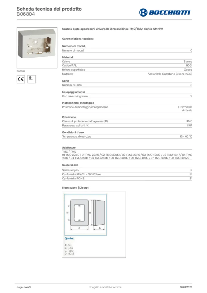 Immagine Bocchiotti Scheda tecnica del prodotto B06804 | Hager Italia