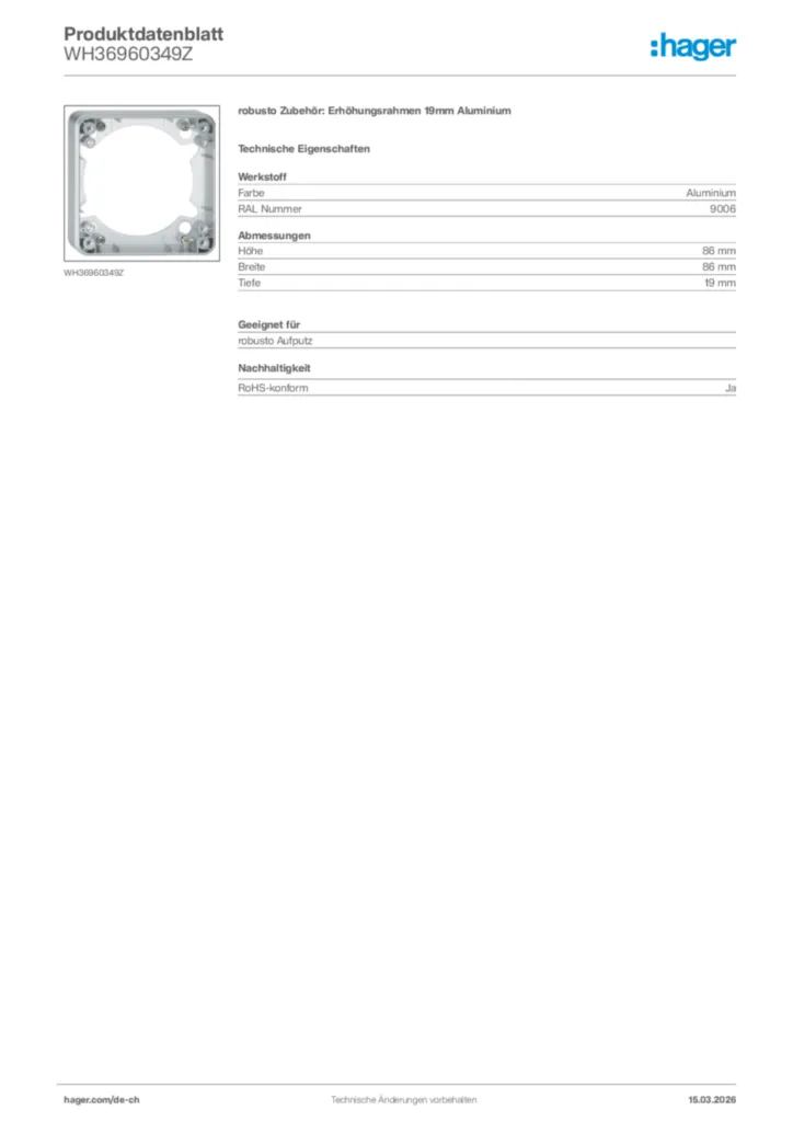 Bild Hager Produktdatenblatt WH36960349Z | Hager Schweiz
