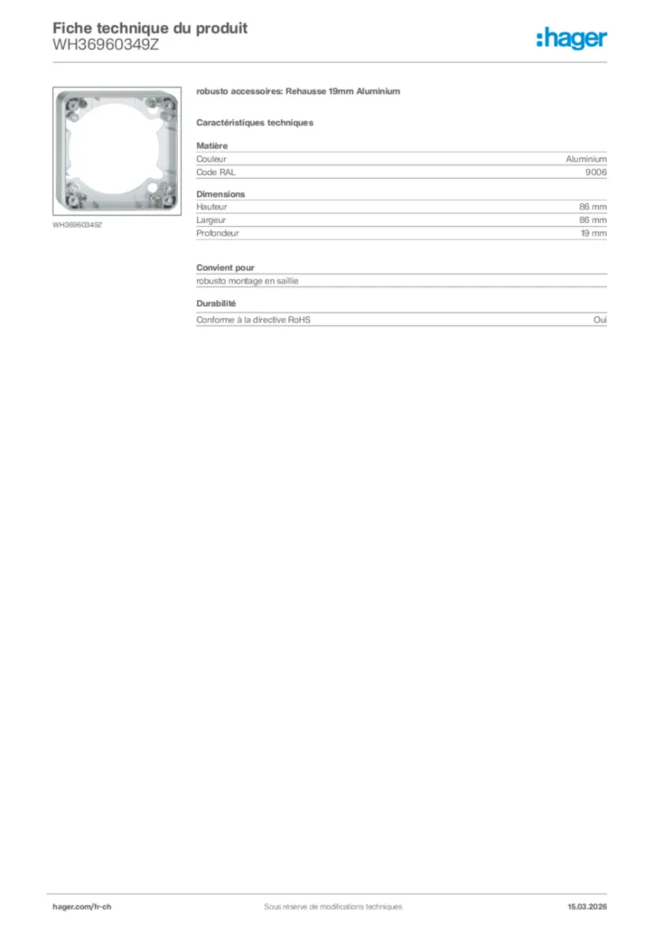 Image Hager Fiche technique du produit WH36960349Z | Hager Suisse