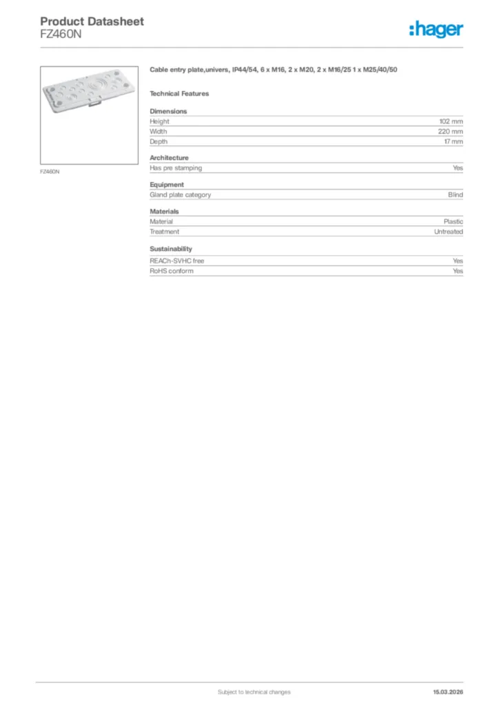 Image Hager Product data sheet FZ460N  | Hager Africa