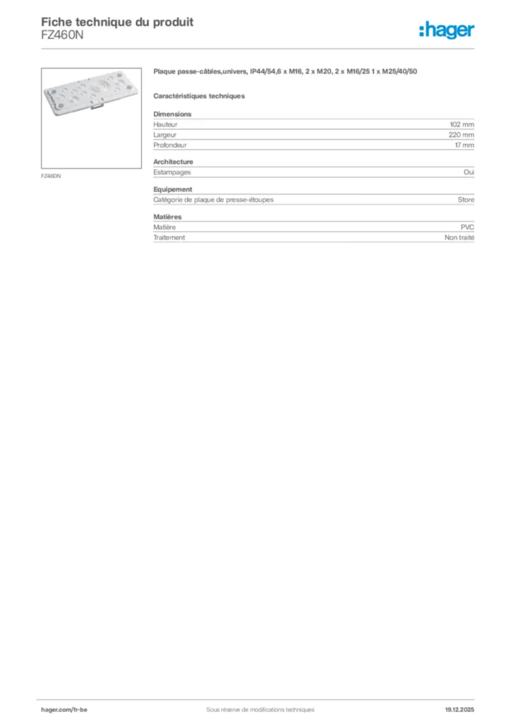 Image Hager Fiche technique du produit FZ460N | Hager Belgique