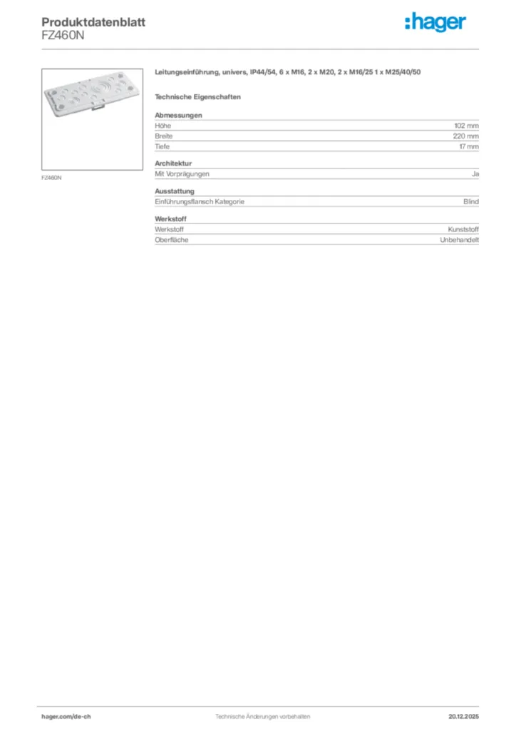 Bild Hager Produktdatenblatt FZ460N | Hager Schweiz