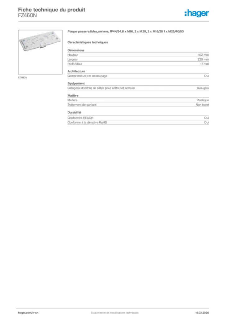 Image Hager Fiche technique du produit FZ460N | Hager Suisse