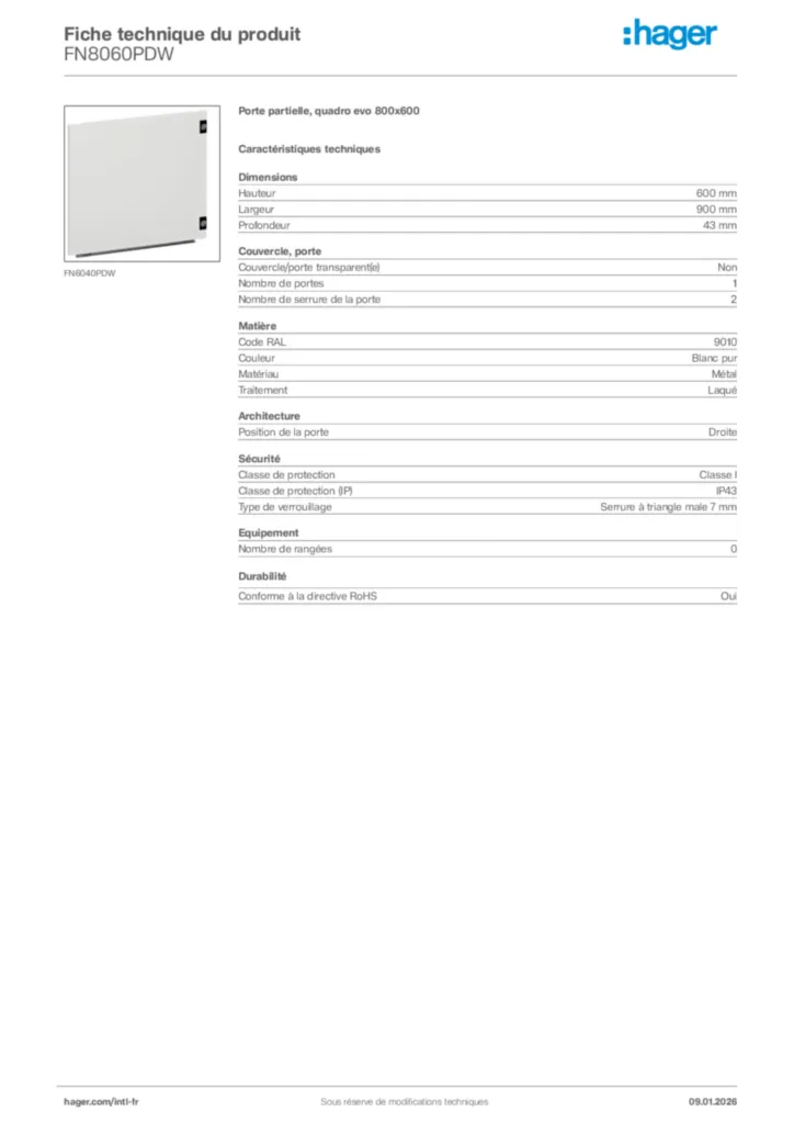 Image Hager Fiche technique du produit FN8060PDW | Hager Afrique