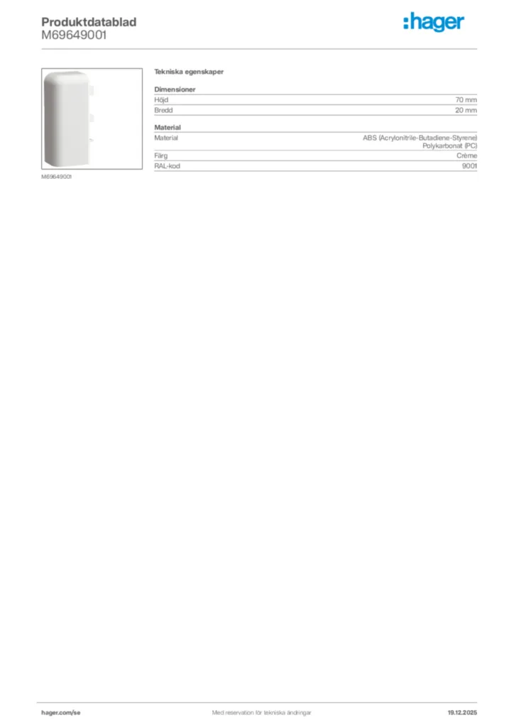 Bild Hager Produktdatablad M69649001 | Hager Sverige