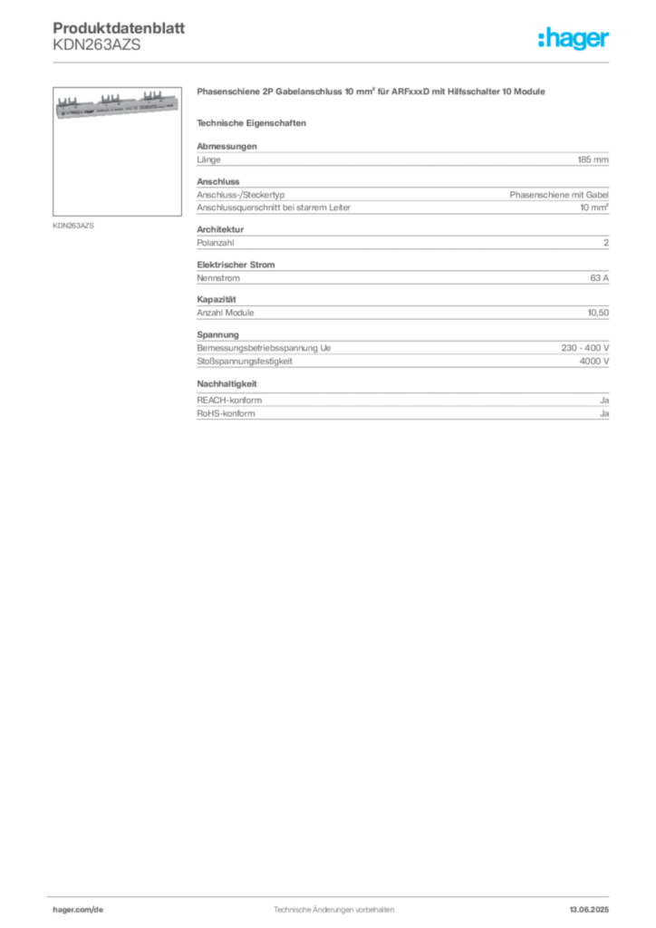 Bild Hager Produktdatenblatt KDN263AZS | Hager Deutschland