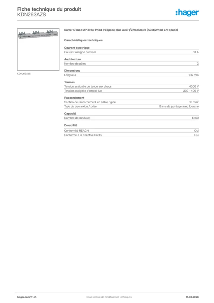 Image Hager Fiche technique du produit KDN263AZS | Hager Suisse