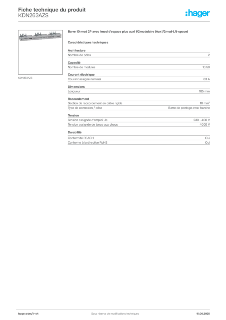 Image Hager Fiche technique du produit KDN263AZS | Hager Suisse