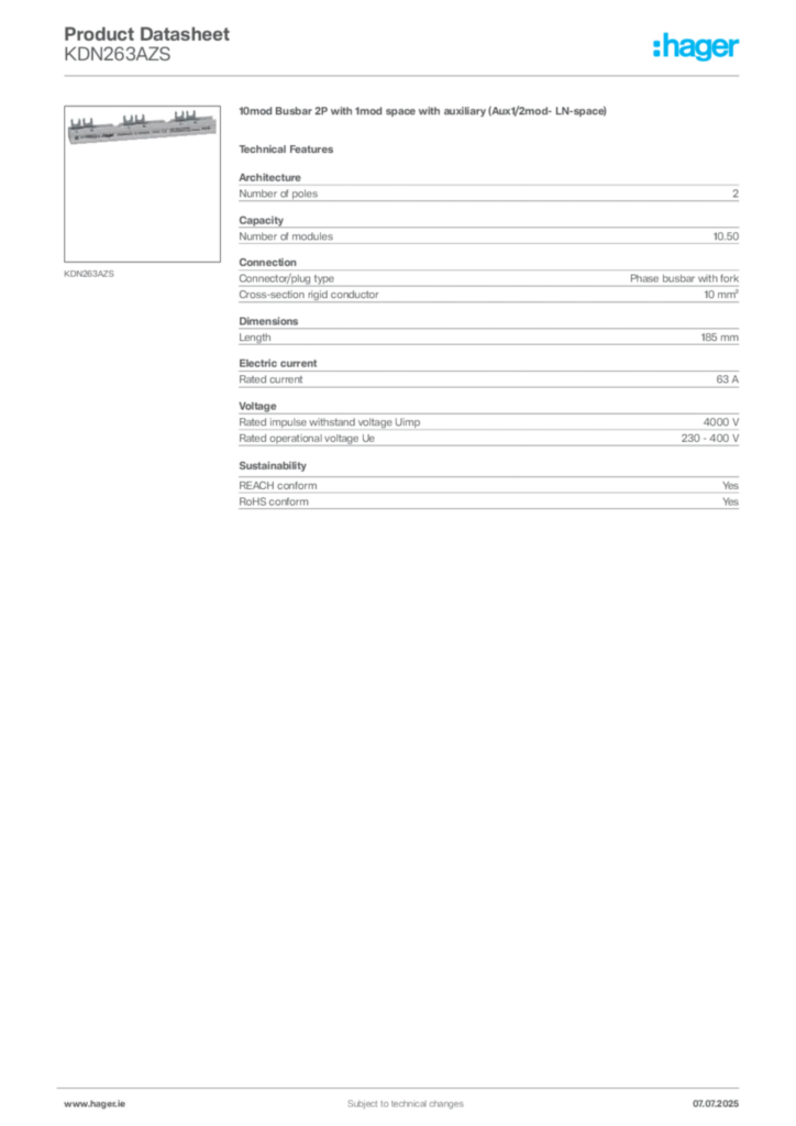 Image Hager Product data sheet KDN263AZS  | Hager