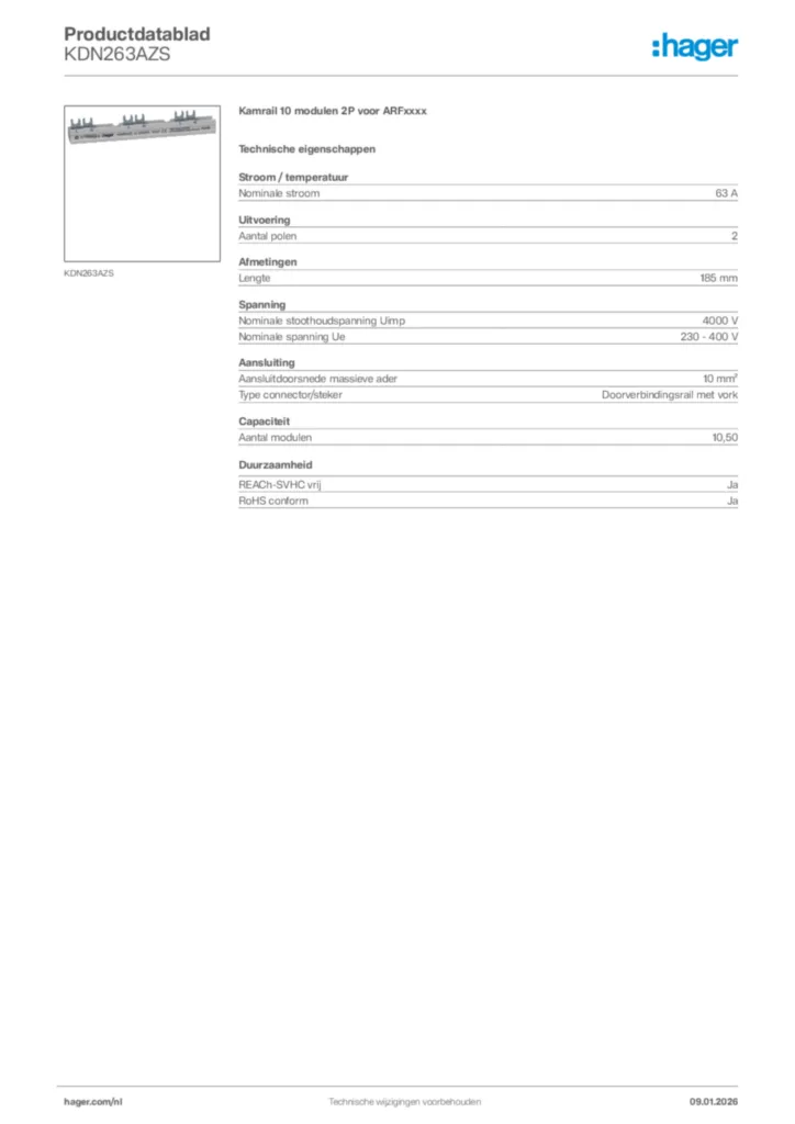 Afbeelding Hager Productdatablad KDN263AZS | Hager Nederland