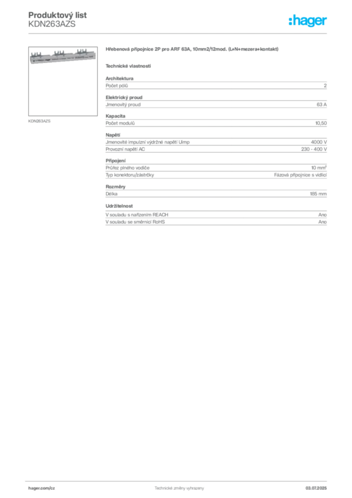 Obrázek Hager Produktový list KDN263AZS | Hager