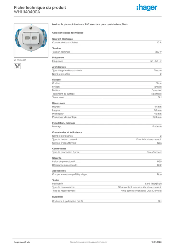 Image Hager Fiche technique du produit WH11140400A | Hager Suisse