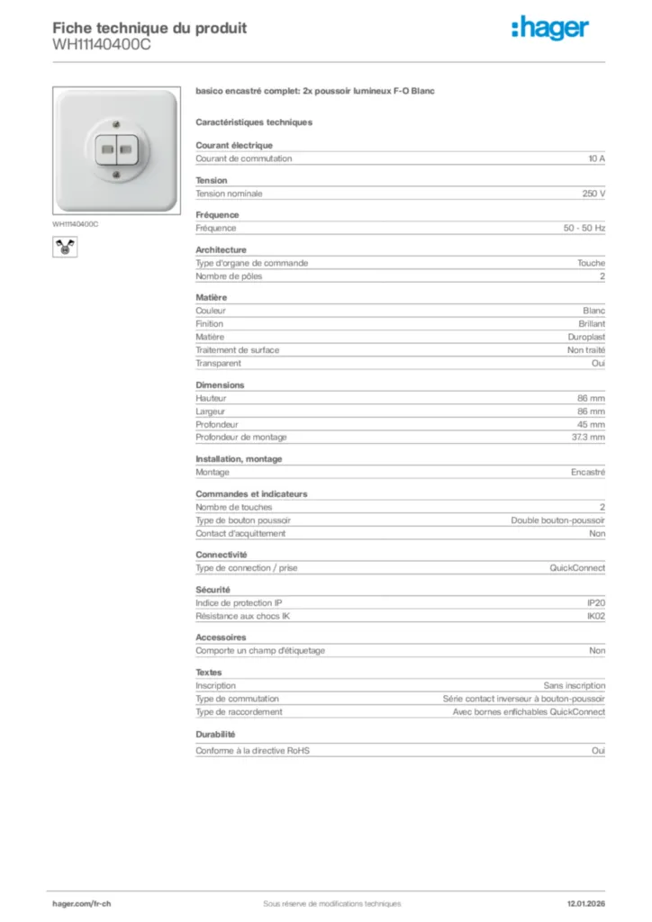 Image Hager Fiche technique du produit WH11140400C | Hager Suisse
