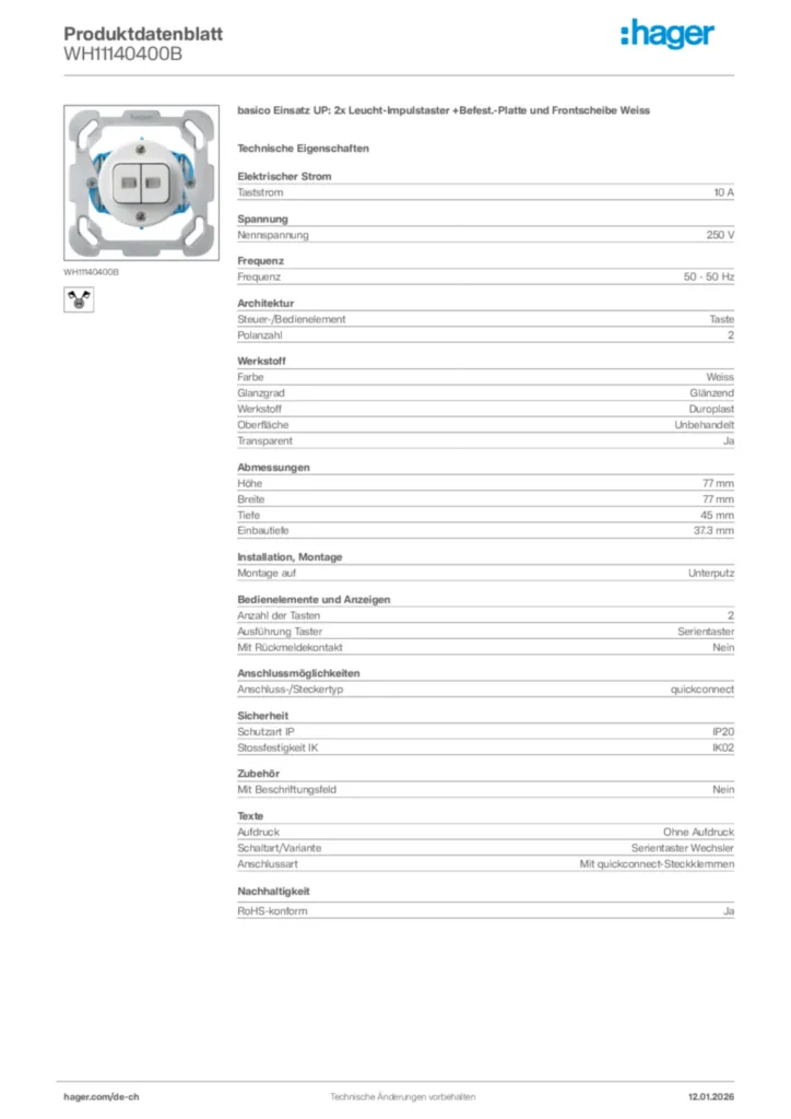 Bild Hager Produktdatenblatt WH11140400B | Hager Schweiz