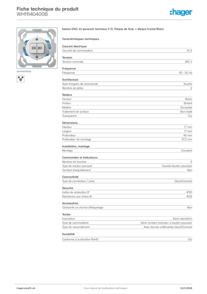 Image Hager Fiche technique du produit WH11140400B | Hager Suisse