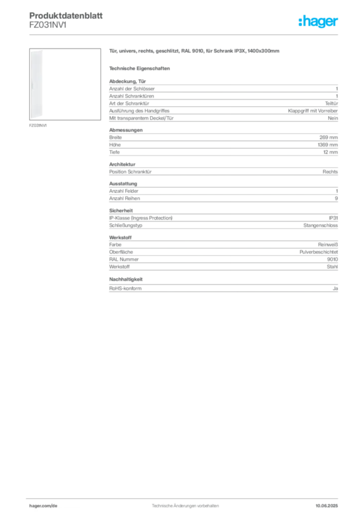 Hager Produktdatenblatt FZ031NV1