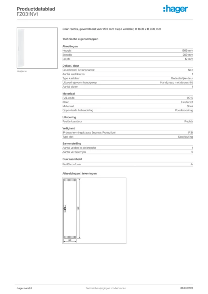 Afbeelding Hager Productdatablad FZ031NV1 | Hager Nederland