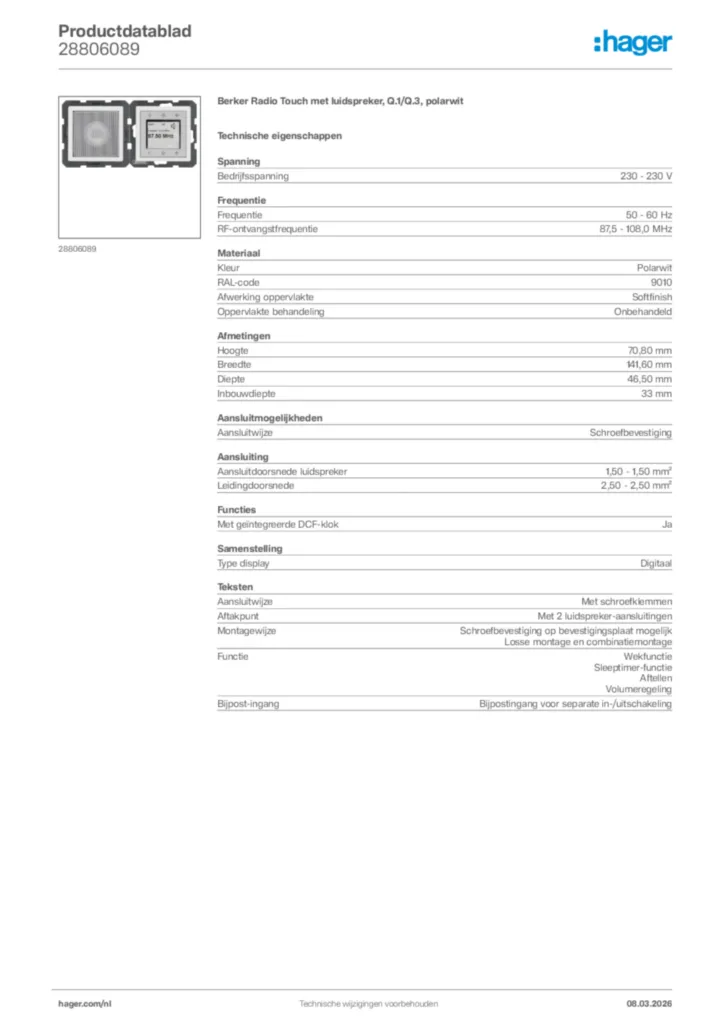 Afbeelding Hager Productdatablad 28806089 | Hager Nederland