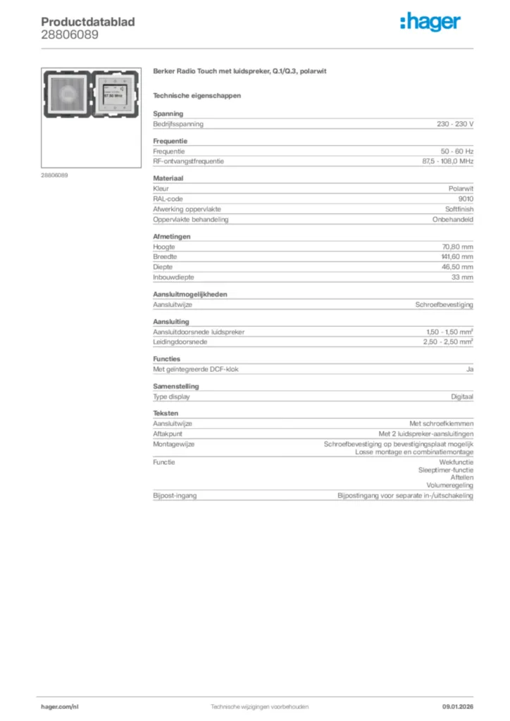Afbeelding Hager Productdatablad 28806089 | Hager Nederland