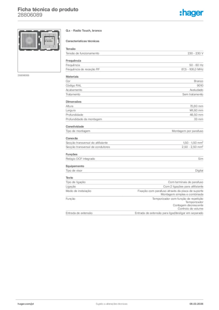 Imagem Hager Ficha técnica do produto 28806089 | Hager Portugal