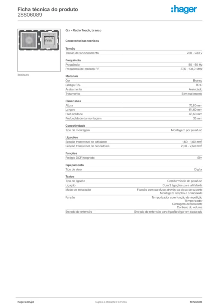 Imagem Hager Ficha técnica do produto 28806089 | Hager Portugal